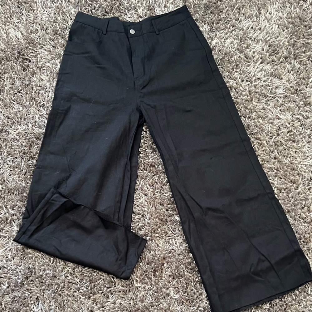Black wide leg, straight leg, pants.